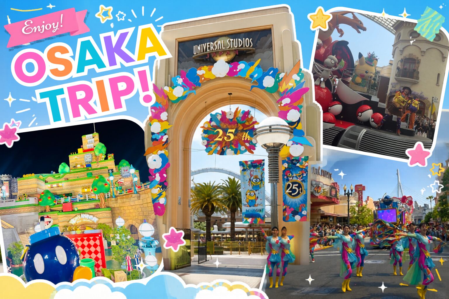 Osaka Trip collage featuring USJ entrance arch, Mario Kart float, and street performers at Universal Studios Japan