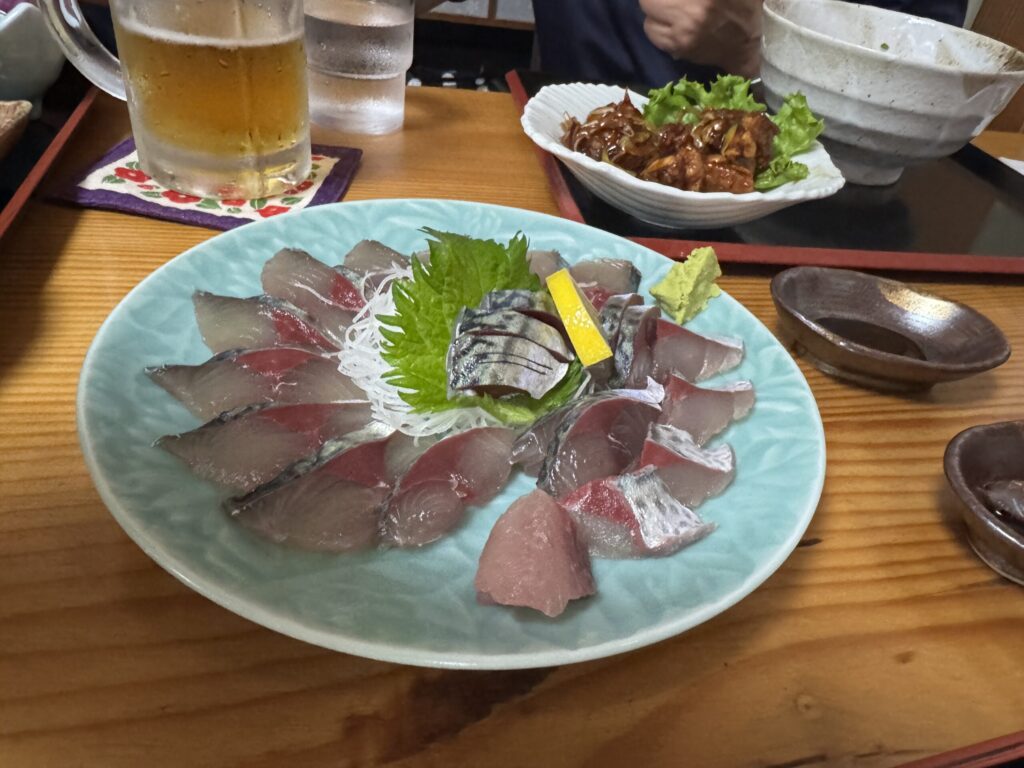 Fresh Kubore Saba (mackerel) sashimi served at a local restaurant in Yakushima — a rare specialty only available on the island