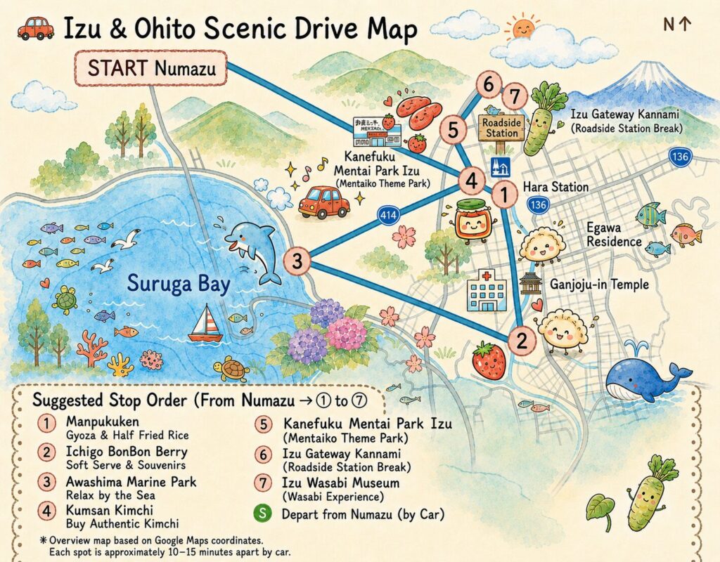Illustrated drive route map of Izu-Ohito and Izunokuni, Shizuoka