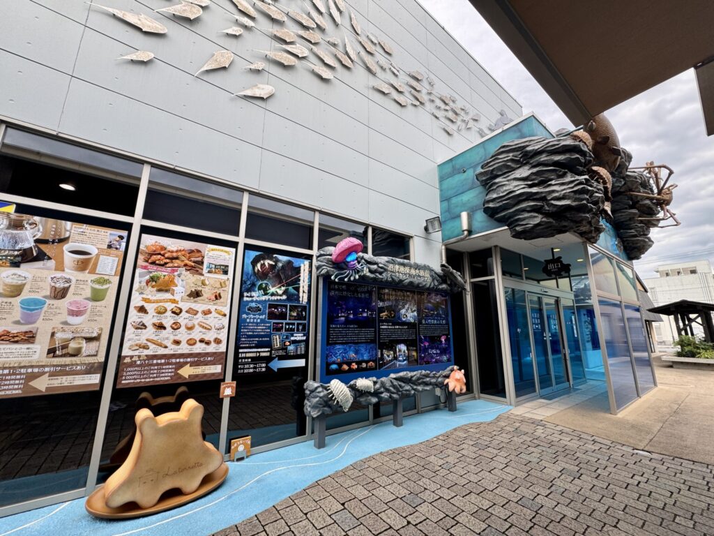 Storefront and food display beside the Numazu Deepsea Aquarium