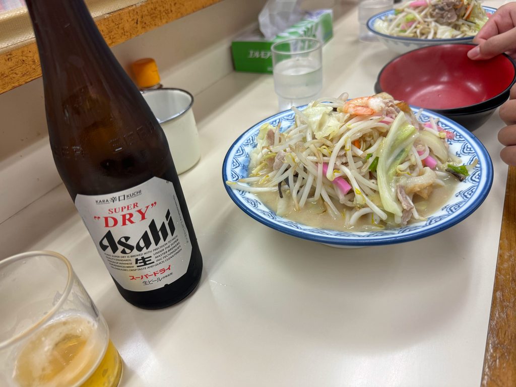 A bowl of authentic Nagasaki champon with a cold beer at Koran near Sasebo Station