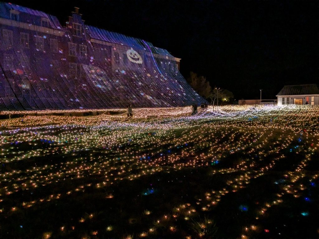A vast field of golden lights spread across the grounds at the Huis Ten Bosch night illumination