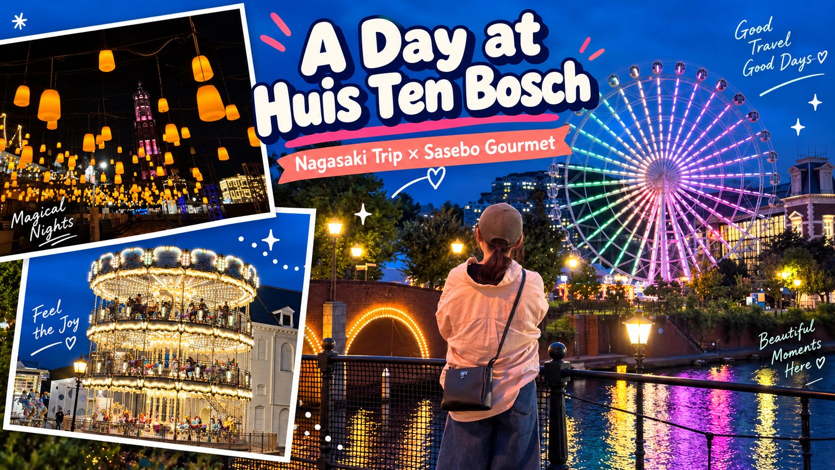 Huis Ten Bosch at night: illuminated Ferris wheel over the canal, glowing lanterns and a lit carousel in Sasebo, Nagasaki