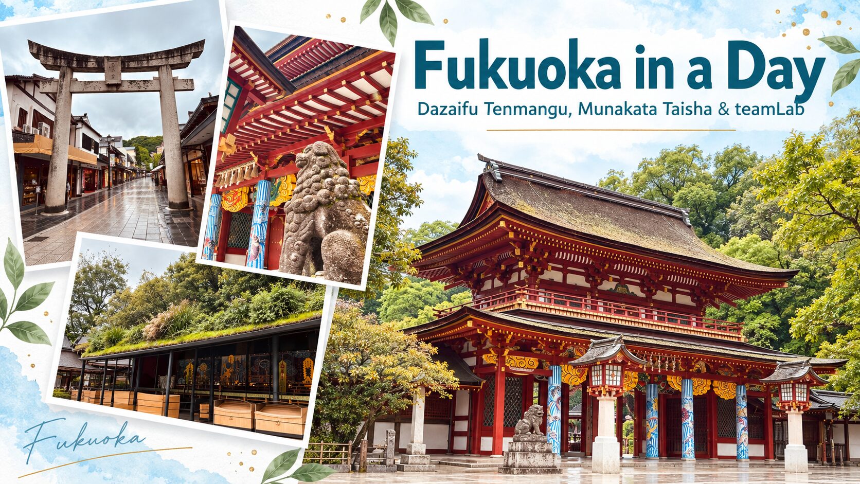 Dazaifu Tenmangu main hall in Fukuoka, with the shrine approach torii gate and the moss-roofed temporary hall
